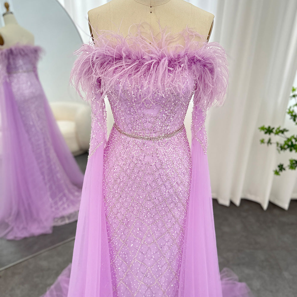 Dreamy Vow Luxury Feather Turquoise Dubai Evening Dress with Cape Sleeves Lilac Arabic Women Wedding Party Prom Gown 261