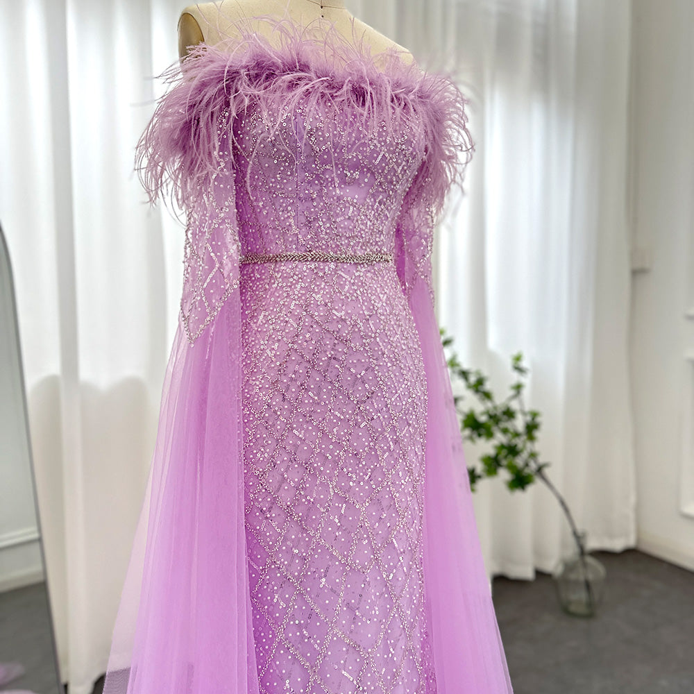 Dreamy Vow Luxury Feather Turquoise Dubai Evening Dress with Cape Sleeves Lilac Arabic Women Wedding Party Prom Gown 261