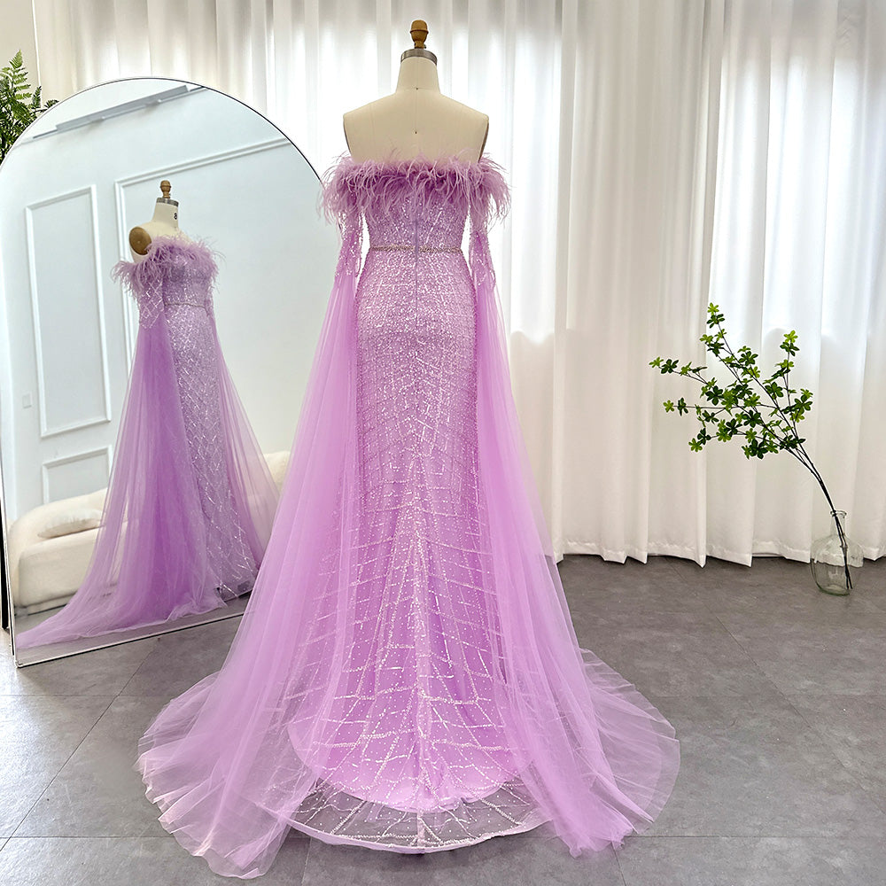 Dreamy Vow Luxury Feather Turquoise Dubai Evening Dress with Cape Sleeves Lilac Arabic Women Wedding Party Prom Gown 261