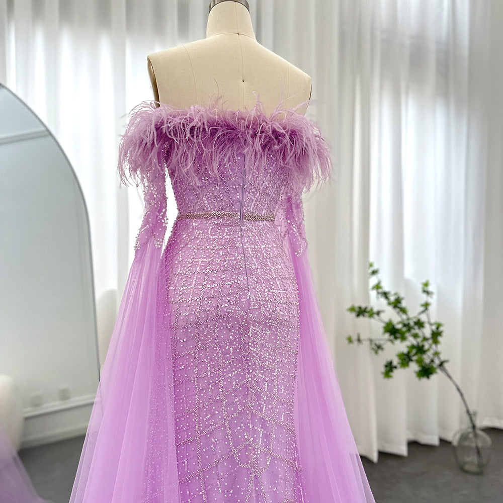 Dreamy Vow Luxury Feather Turquoise Dubai Evening Dress with Cape Sleeves Lilac Arabic Women Wedding Party Prom Gown 261