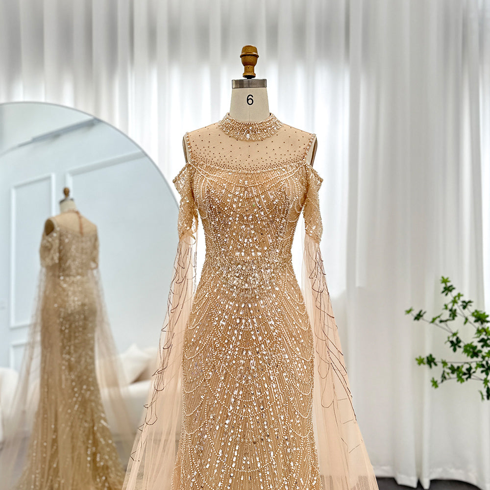 Dreamy Vow Sage Green Mermaid Luxury Dubai Evening Dress with Cape Sleeves Elegant Women Purple Wedding Formal Party Gown 205