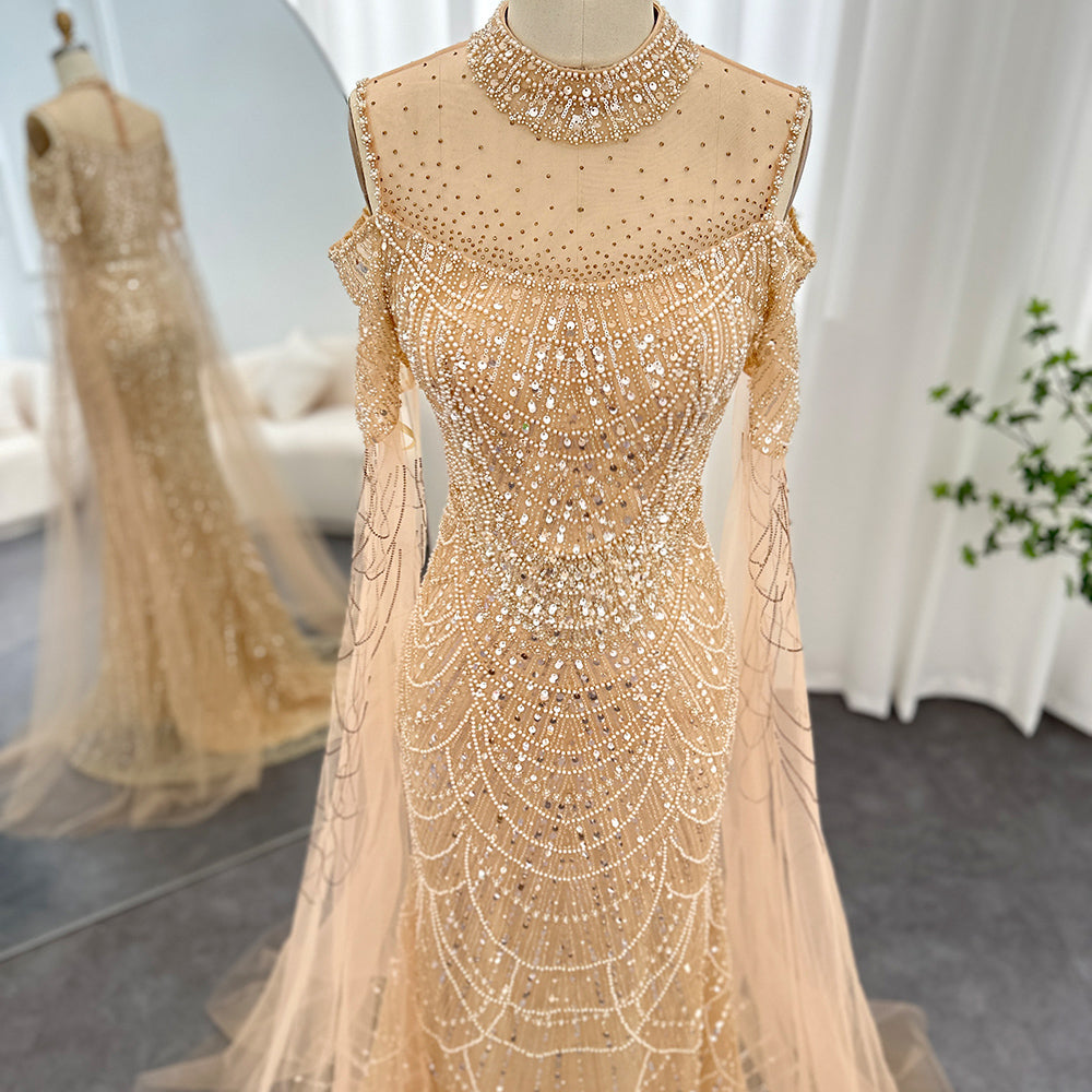 Dreamy Vow Sage Green Mermaid Luxury Dubai Evening Dress with Cape Sleeves Elegant Women Purple Wedding Formal Party Gown 205