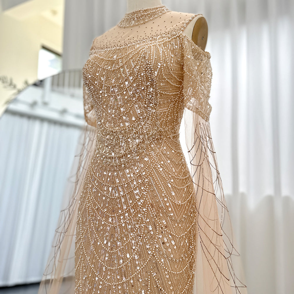 Dreamy Vow Sage Green Mermaid Luxury Dubai Evening Dress with Cape Sleeves Elegant Women Purple Wedding Formal Party Gown 205