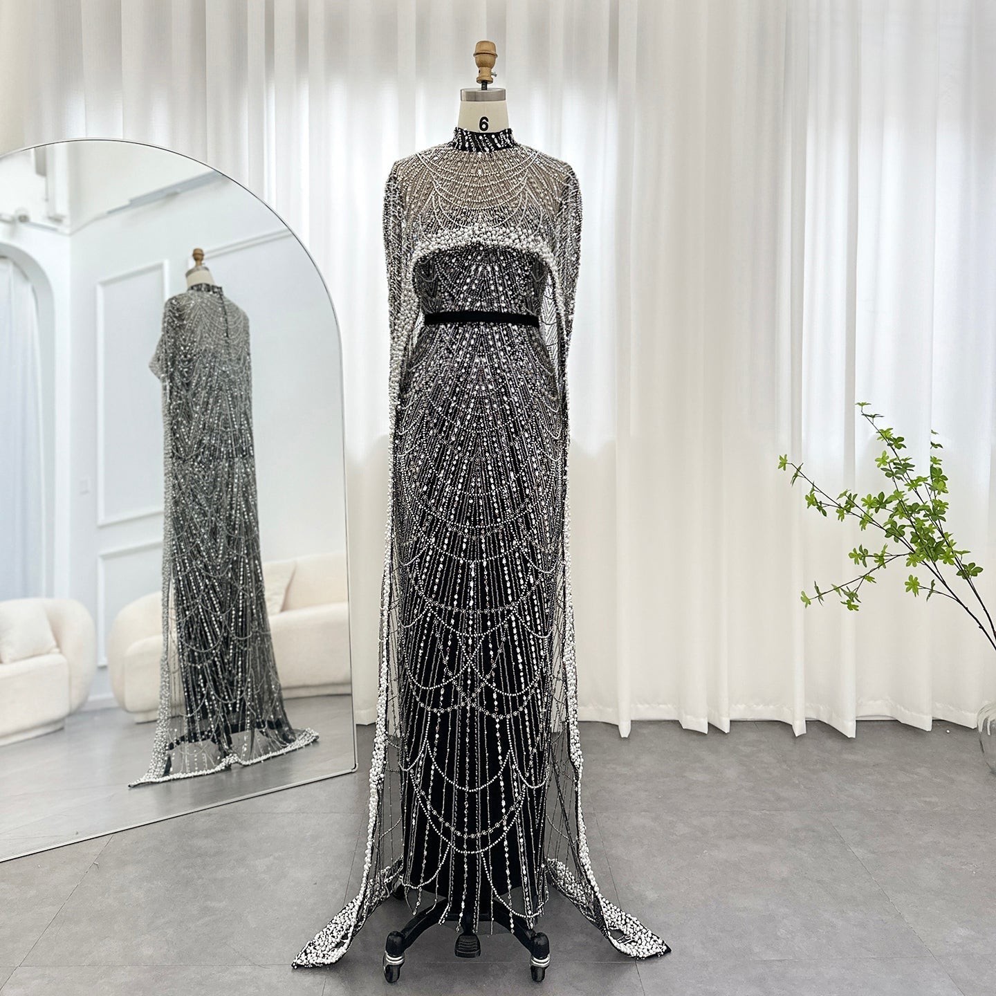 Luxury Pearls Champagne Evening Dress with Cape SS369  Black White / US 20