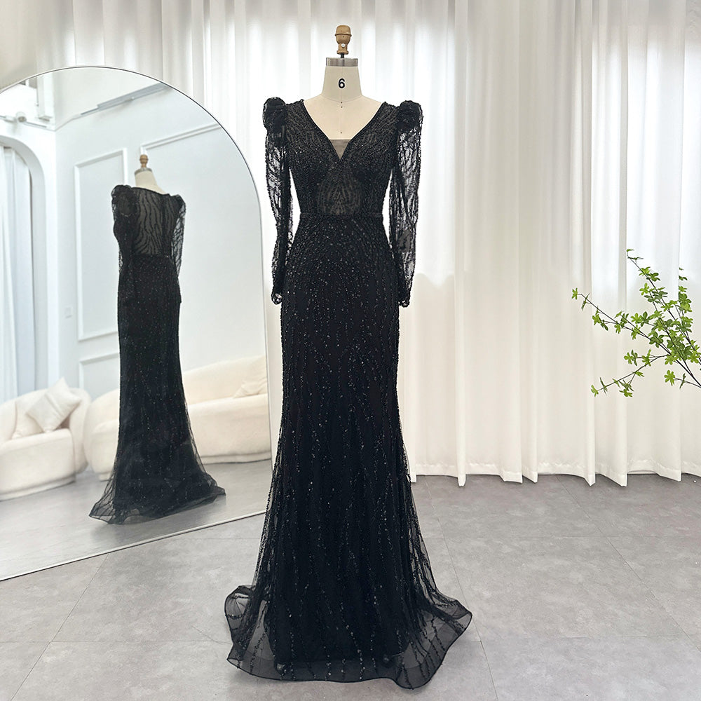 Elegant Long Sleeve Navy Blue Evening Dress SS099  Black / US 20