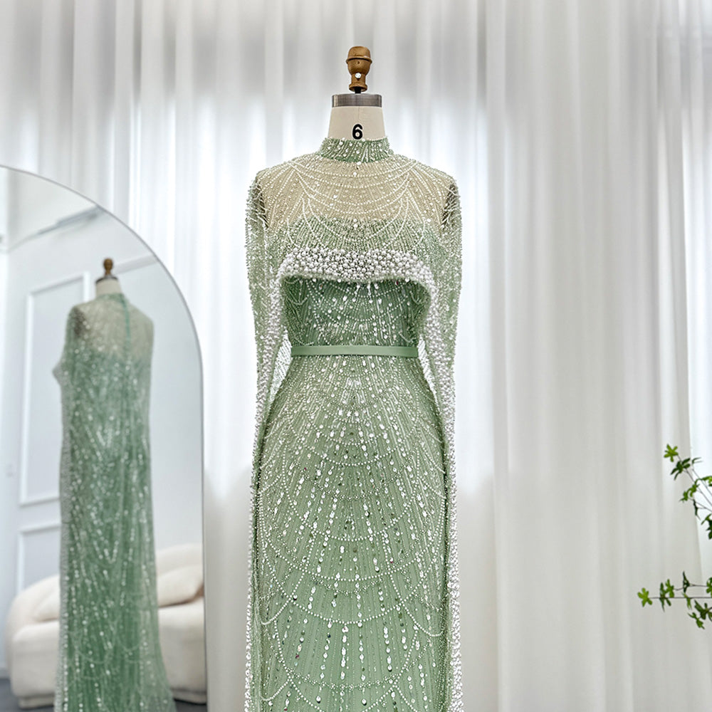 Luxury Long Sleeves Nude Evening Dress with Cape SS369A