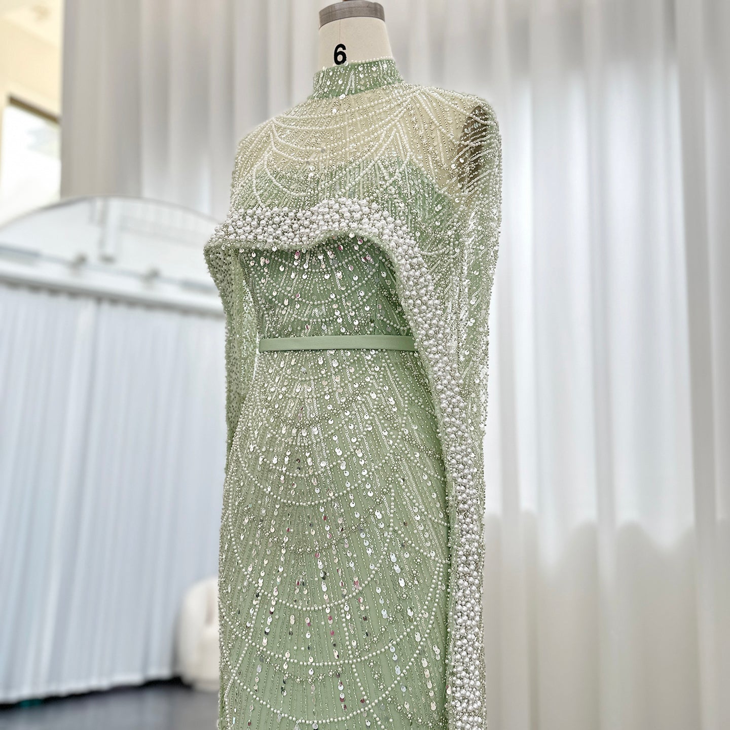 Luxury Long Sleeves Nude Evening Dress with Cape SS369A