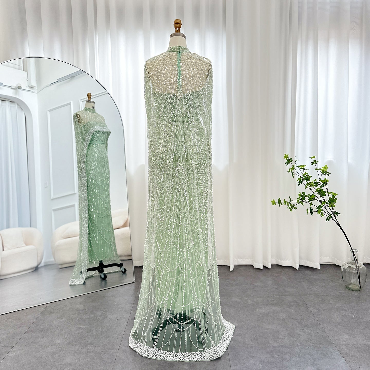 Luxury Long Sleeves Nude Evening Dress with Cape SS369A