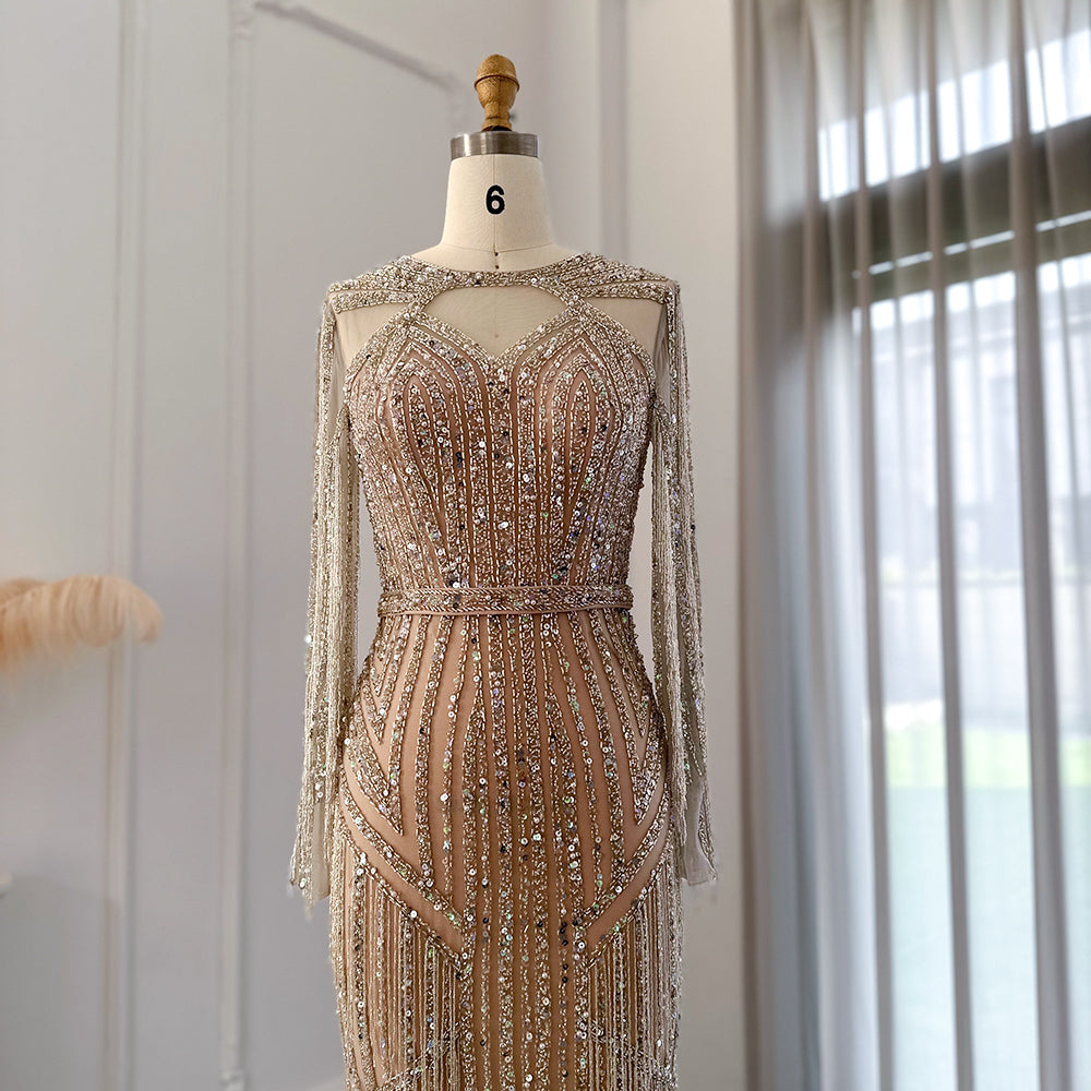 Dreamy Vow Luxury Dubai Tassel Silver Nude Mermaid Evening Dress for Women Wedding Party Long Sleeve African Prom Dresses 214