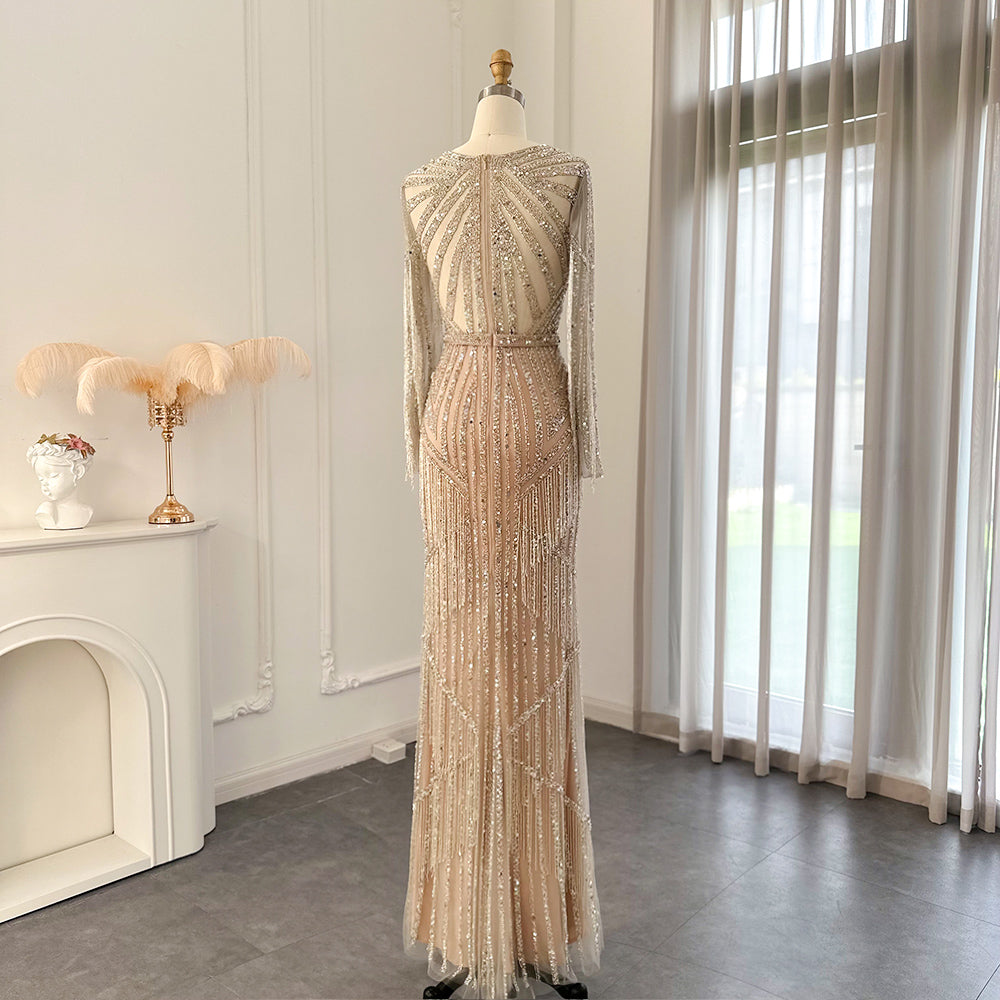 Dreamy Vow Luxury Dubai Tassel Silver Nude Mermaid Evening Dress for Women Wedding Party Long Sleeve African Prom Dresses 214