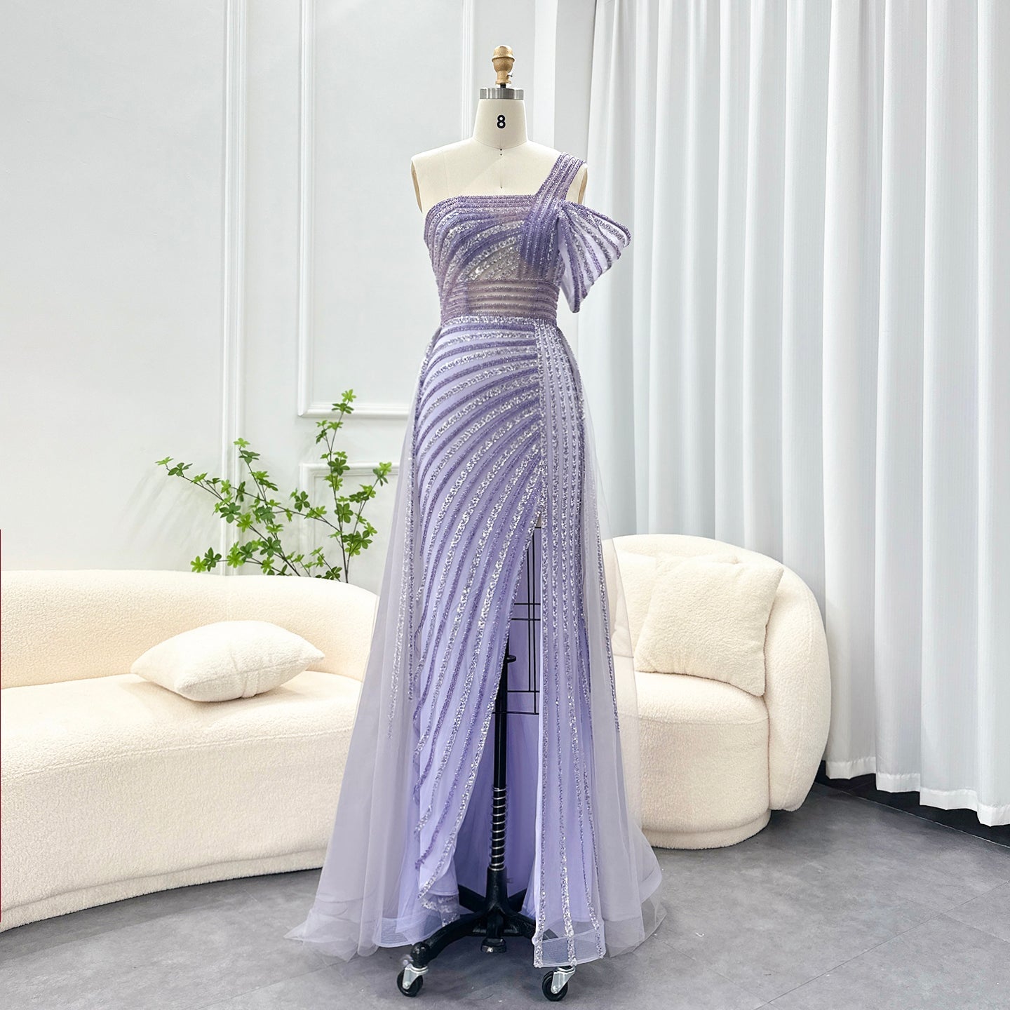 Luxury Green One Shoulder Evening Dress with Overskirt SS016  Purple / US 16