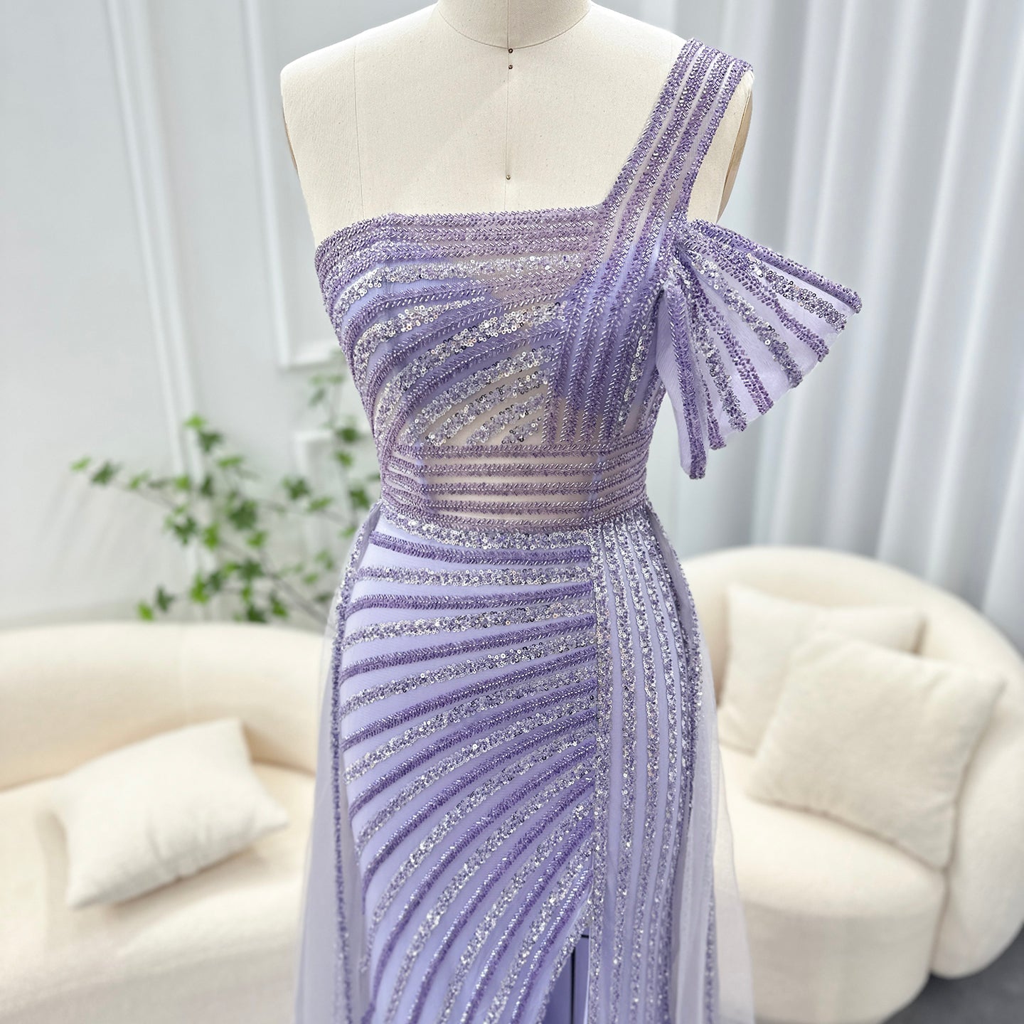 Luxury Green One Shoulder Evening Dress with Overskirt SS016