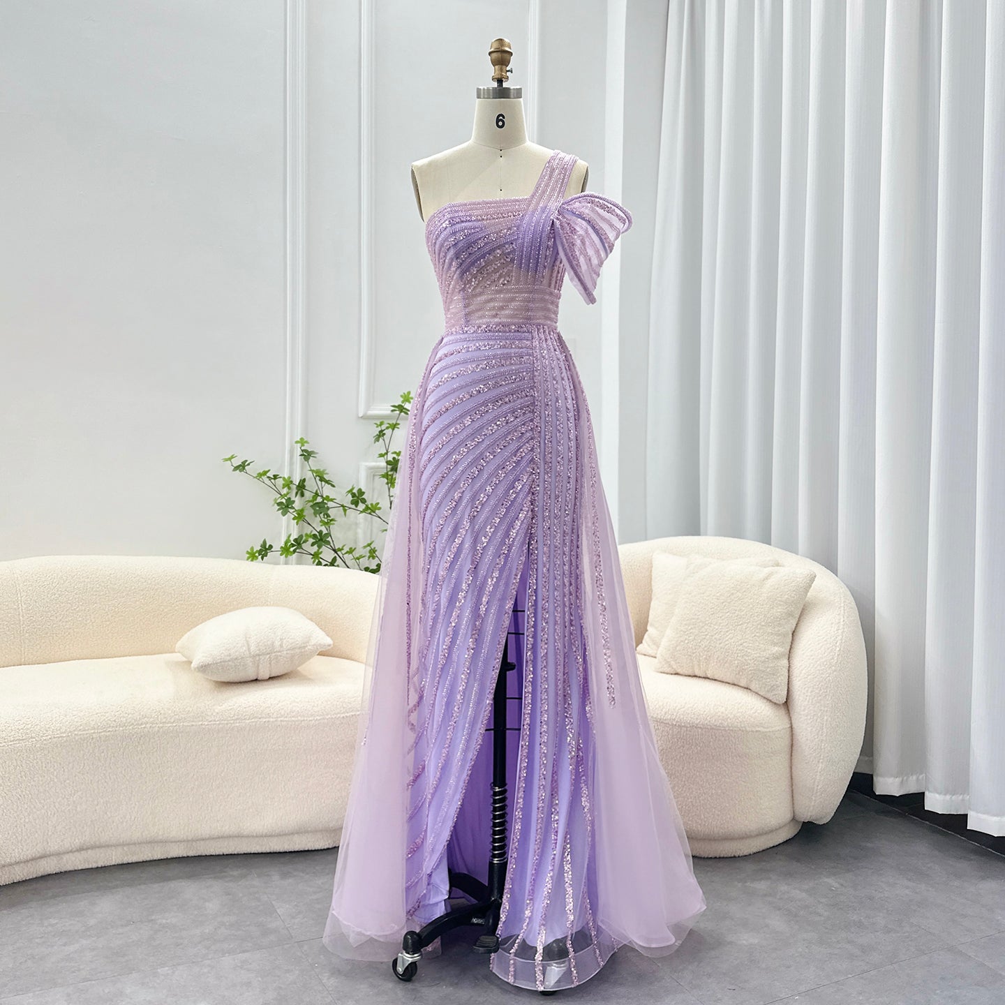 Luxury Green One Shoulder Evening Dress with Overskirt SS016  Lilac / US 16