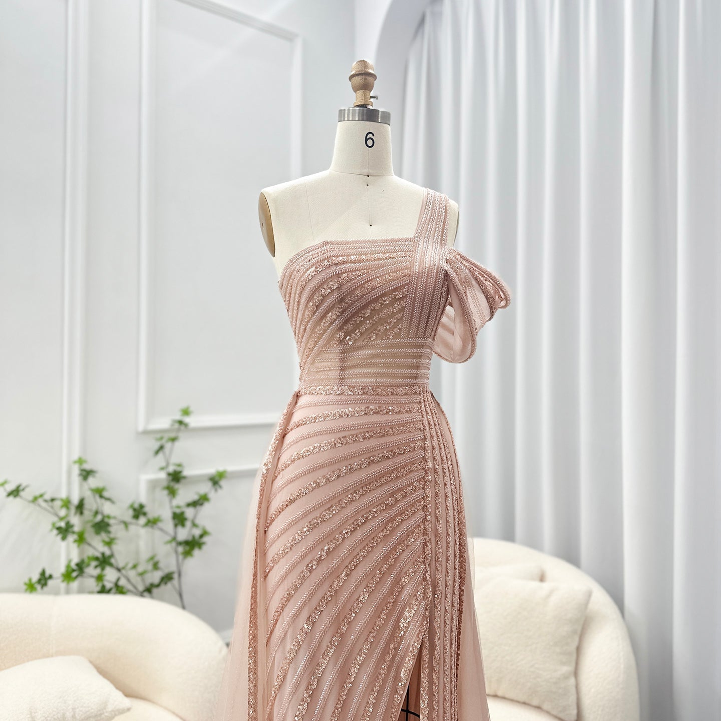 Luxury Green One Shoulder Evening Dress with Overskirt SS016