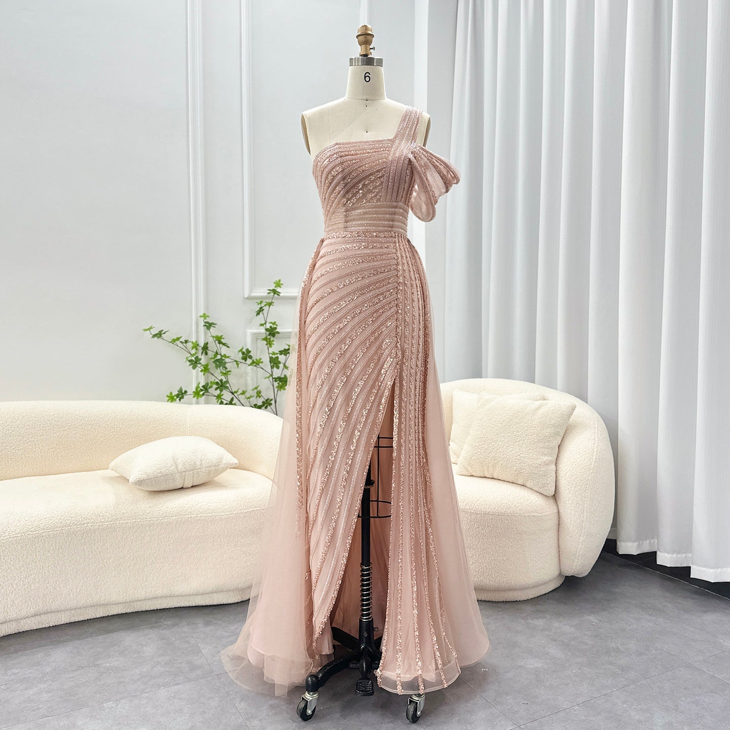 Luxury Green One Shoulder Evening Dress with Overskirt SS016  Pink / US 16