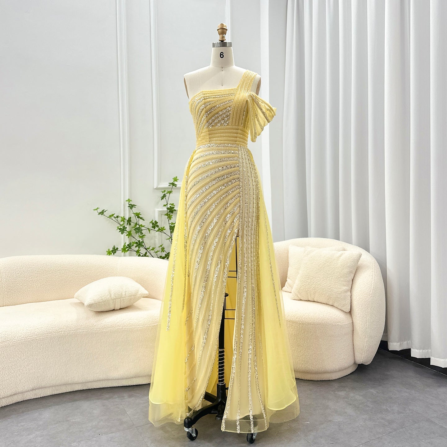 Luxury Green One Shoulder Evening Dress with Overskirt SS016