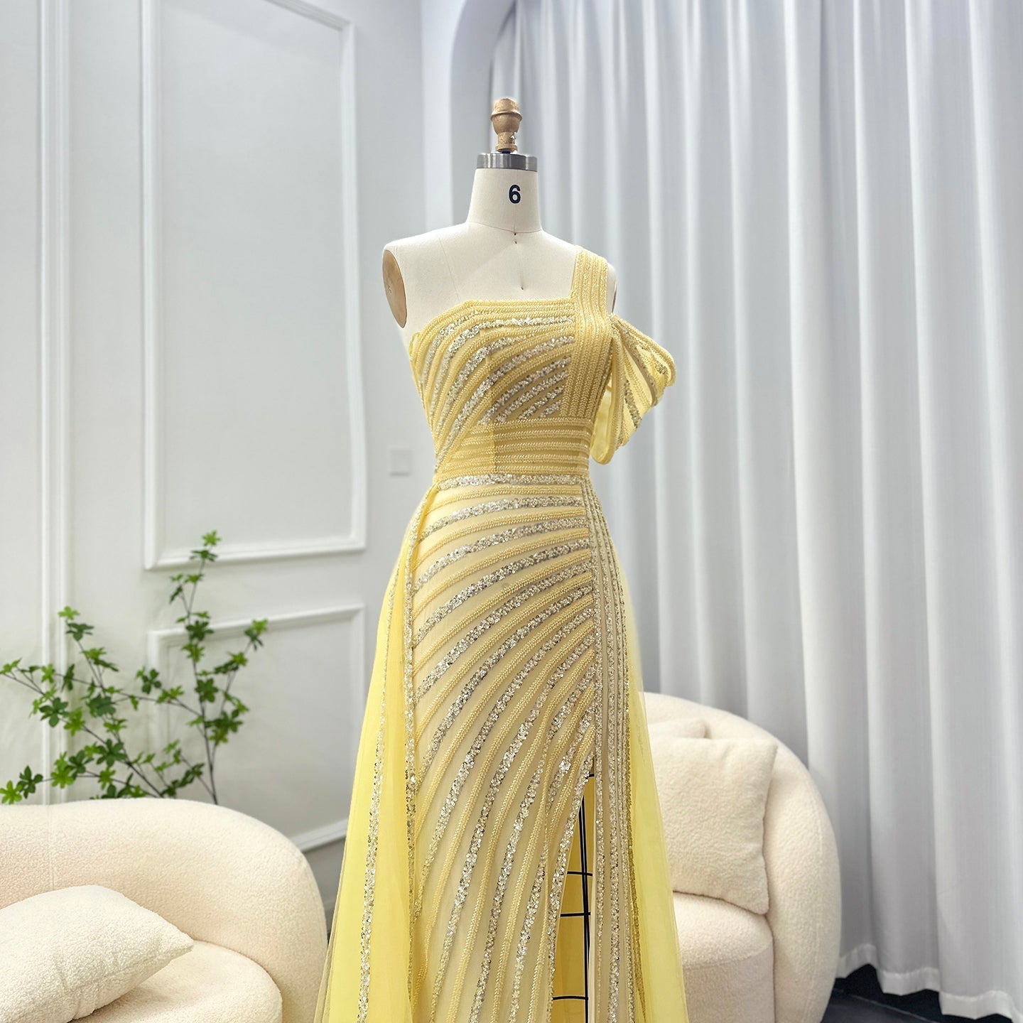 Luxury Green One Shoulder Evening Dress with Overskirt SS016