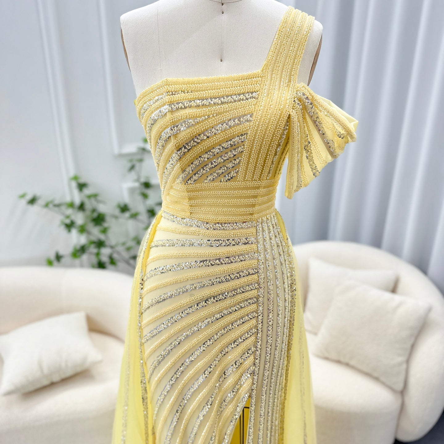 Luxury Green One Shoulder Evening Dress with Overskirt SS016