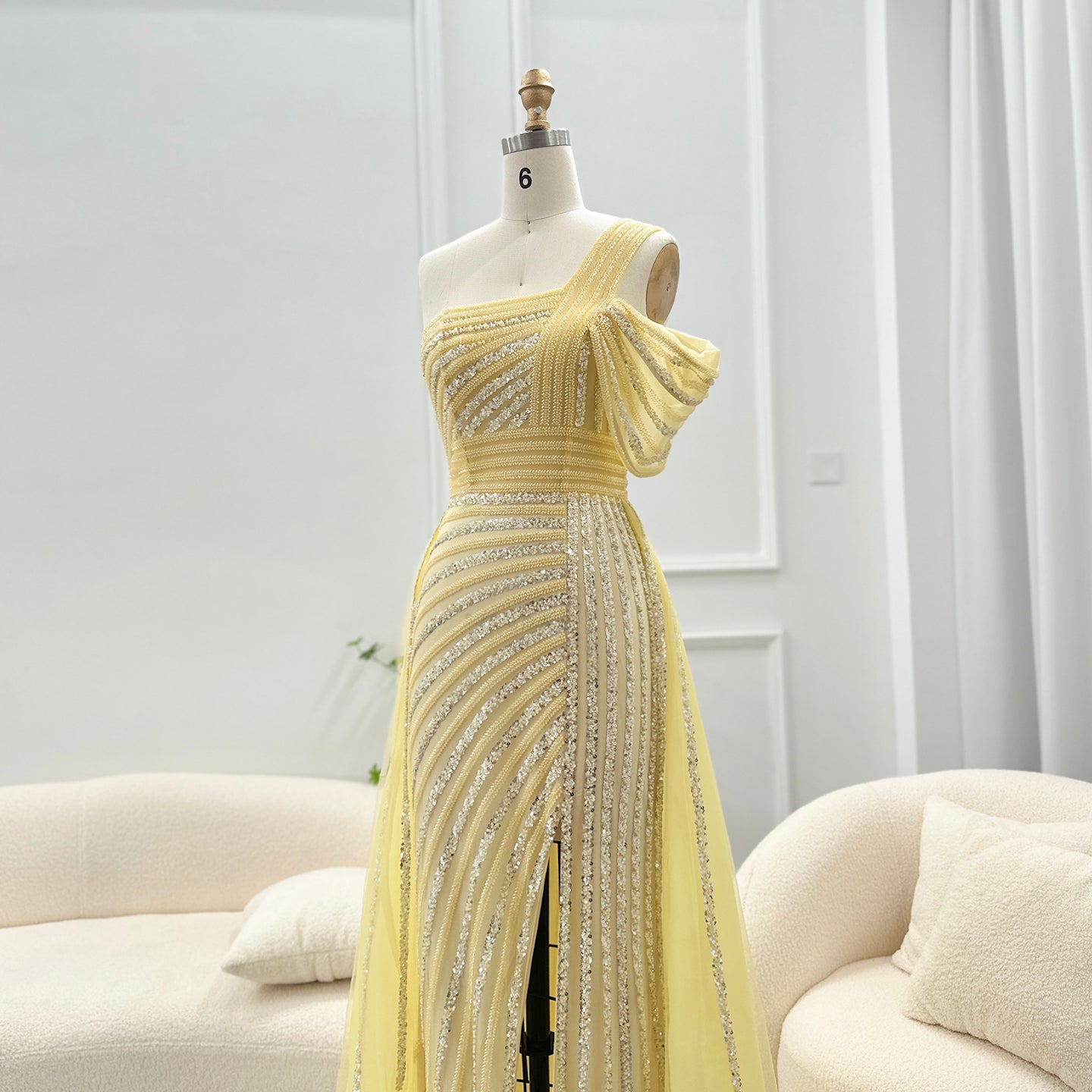 Luxury Green One Shoulder Evening Dress with Overskirt SS016