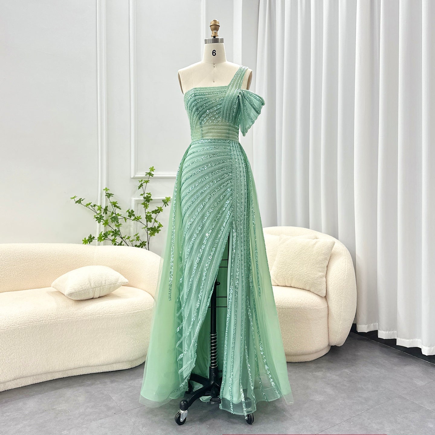 Luxury Green One Shoulder Evening Dress with Overskirt SS016  Sage Green / US 16