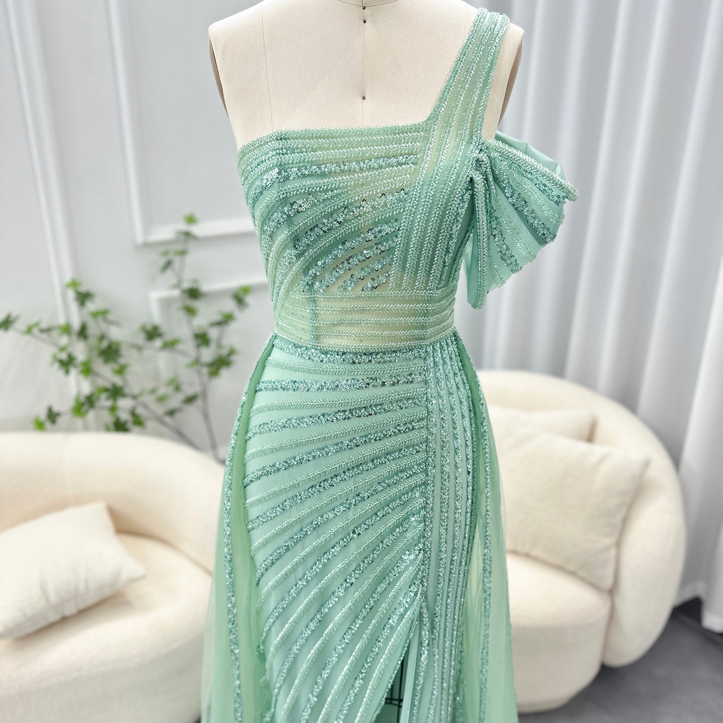 Luxury Green One Shoulder Evening Dress with Overskirt SS016