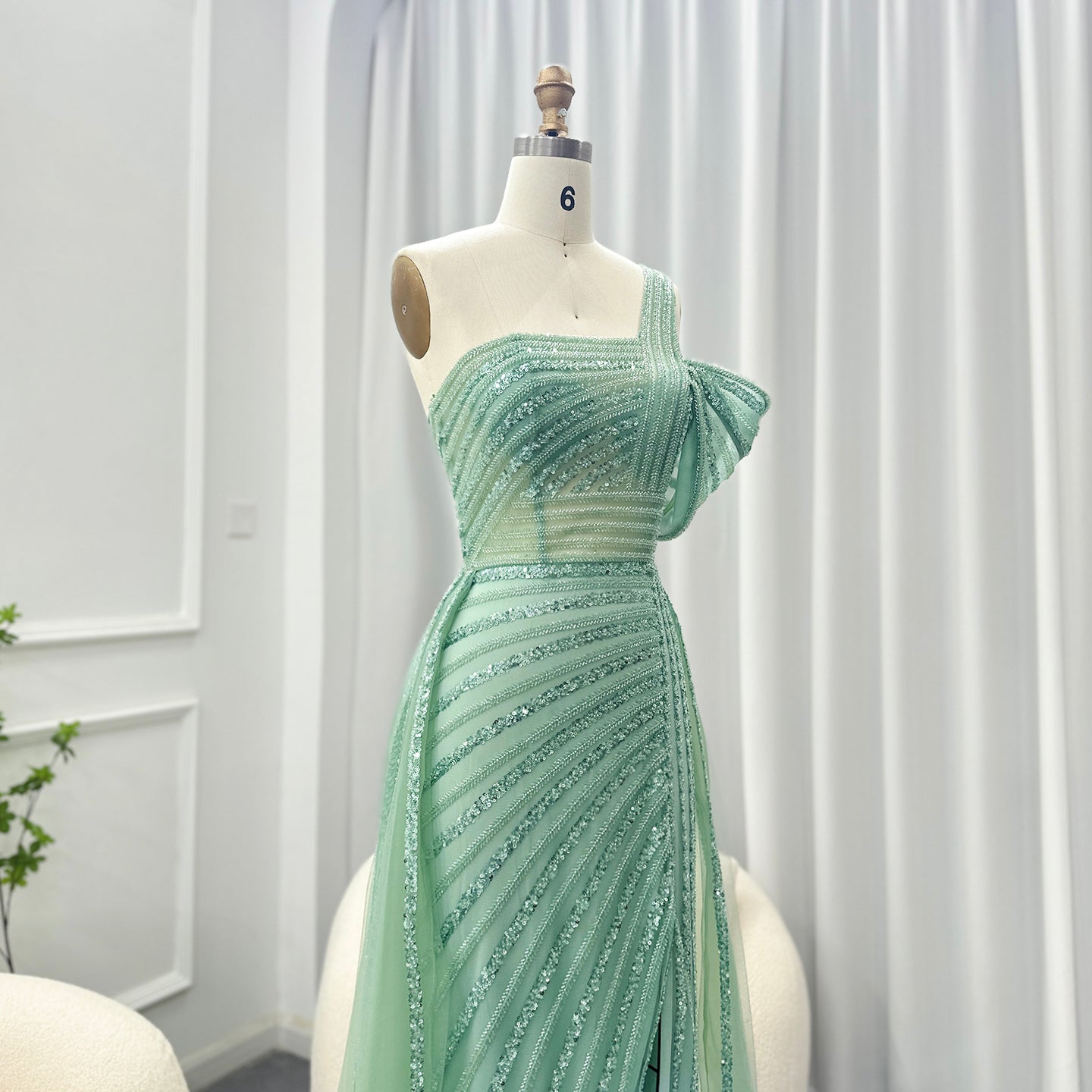 Luxury Green One Shoulder Evening Dress with Overskirt SS016