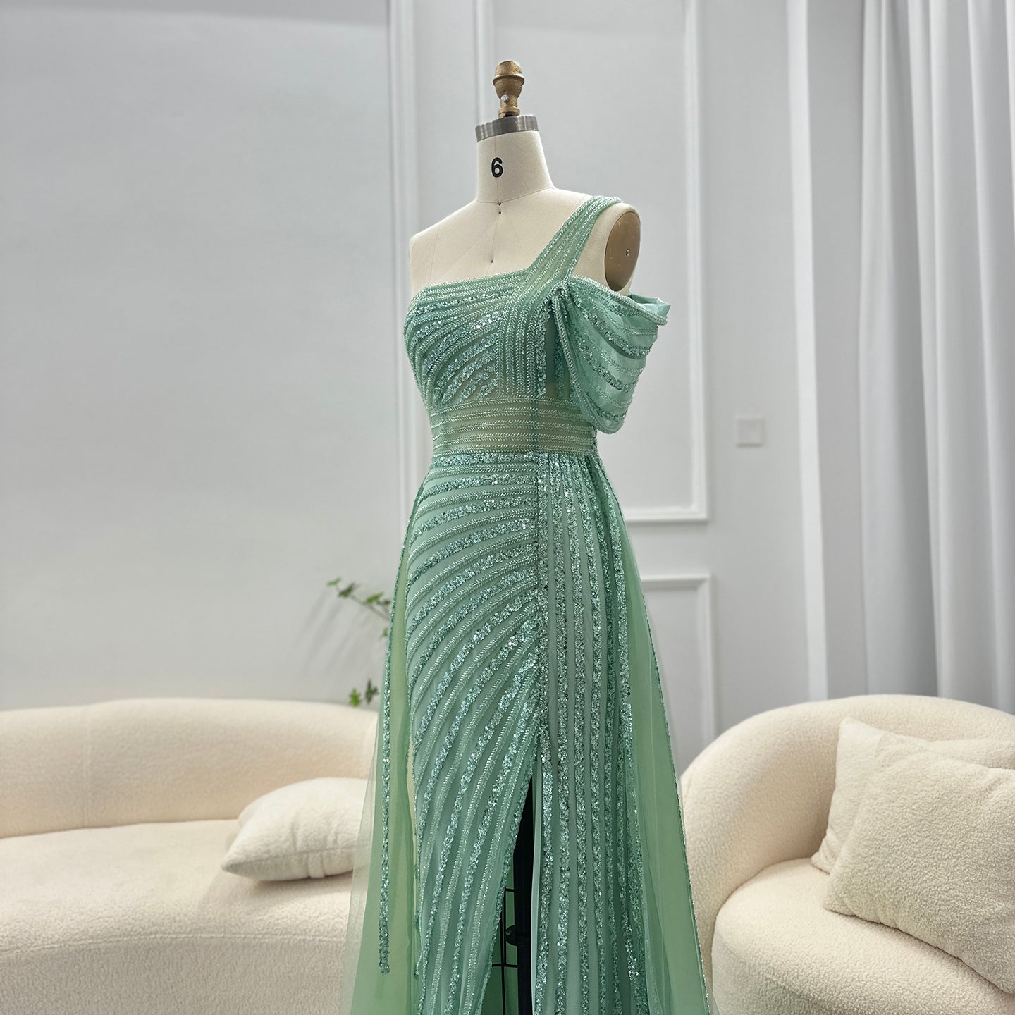 Luxury Green One Shoulder Evening Dress with Overskirt SS016