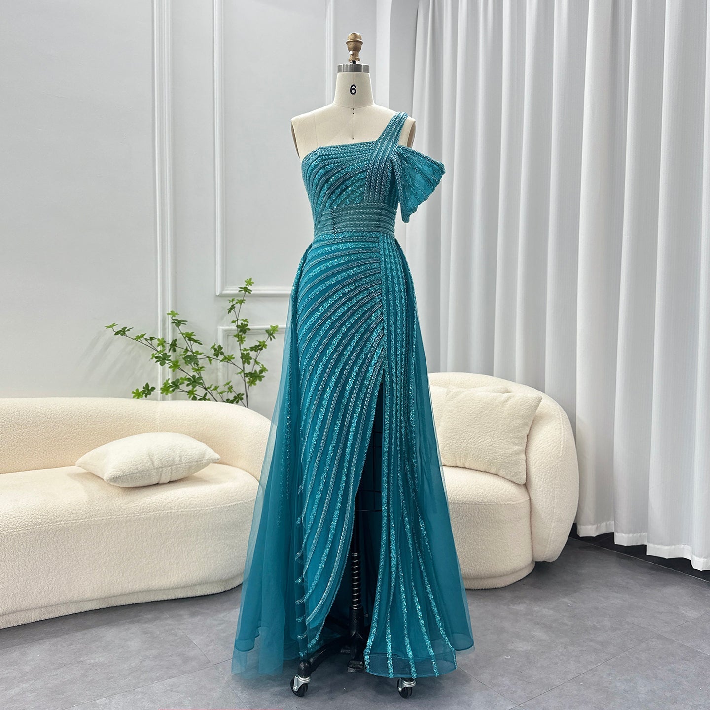 Luxury Green One Shoulder Evening Dress with Overskirt SS016  Turquoise Blue / US 16