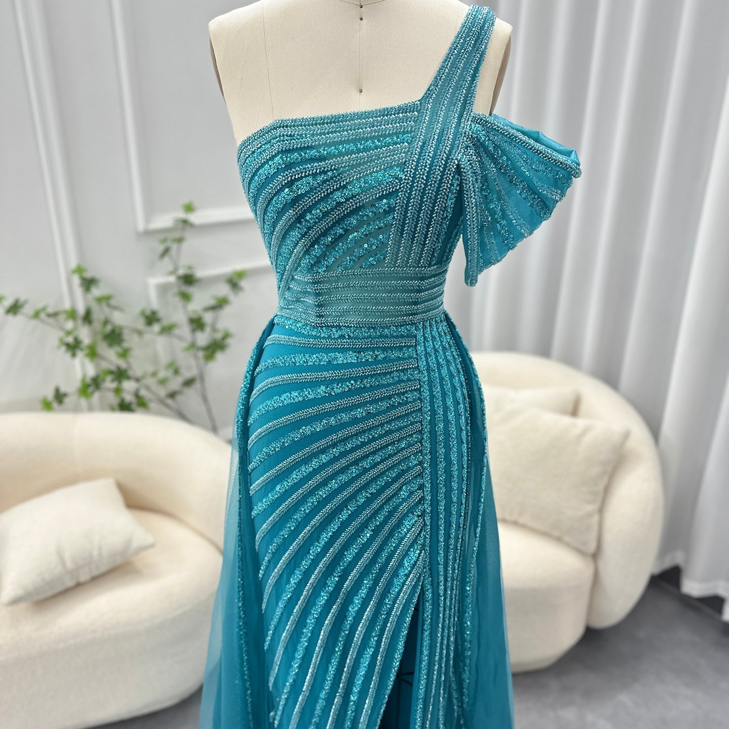 Luxury Green One Shoulder Evening Dress with Overskirt SS016