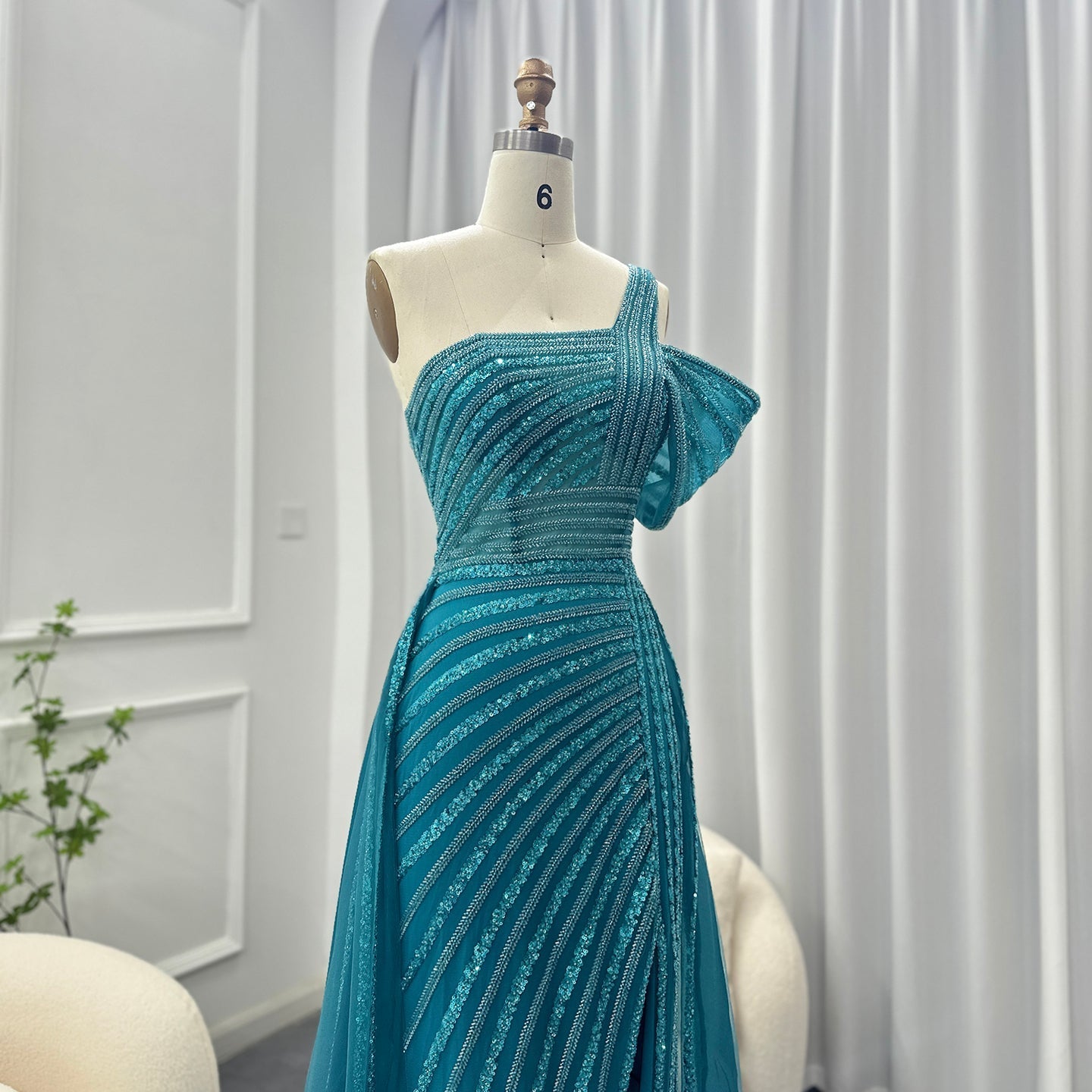 Luxury Green One Shoulder Evening Dress with Overskirt SS016