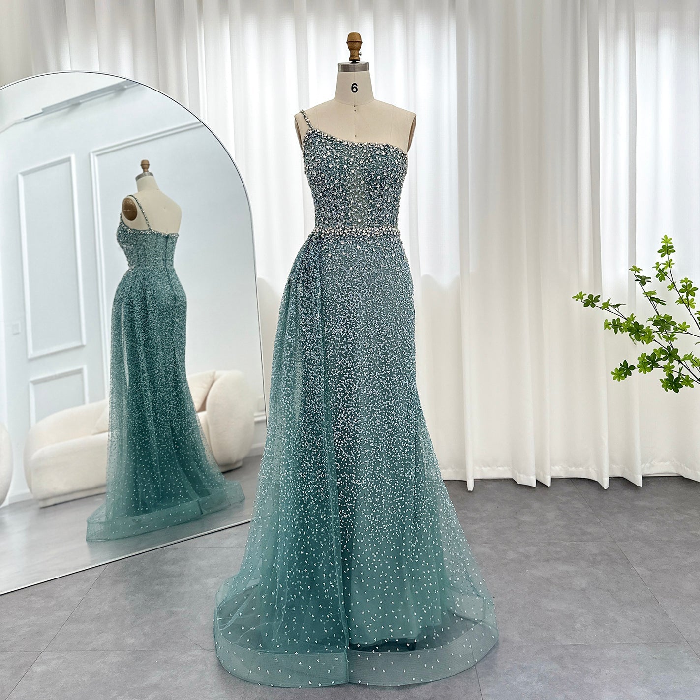 Sparkly Crystal Turquoise One Shoulder Evening Dress SS698  Turquoise / US 20