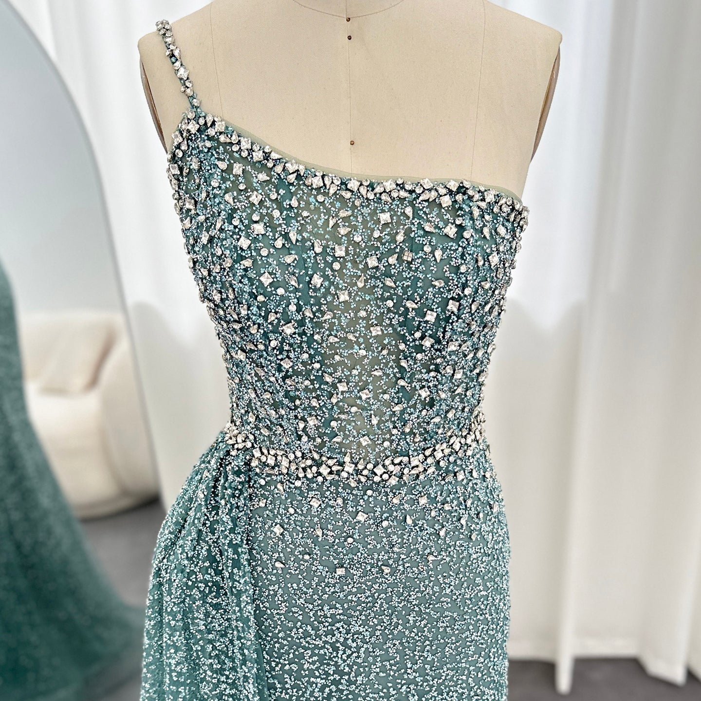 Sparkly Crystal Turquoise One Shoulder Evening Dress SS698