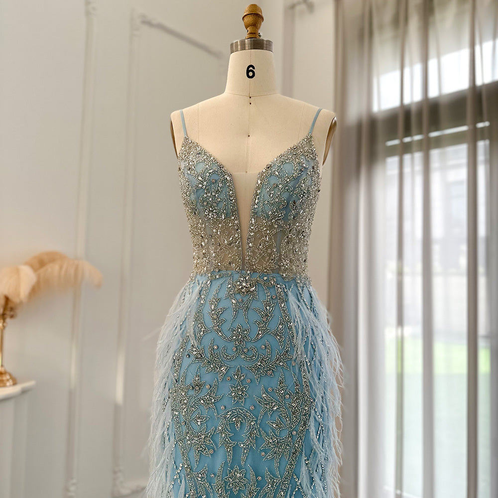 Dreamy Vow Luxury Feathers Mermaid Champagne Evening Dresses for Women Wedding 2023 Spaghetti Straps Prom Formal Gowns 374