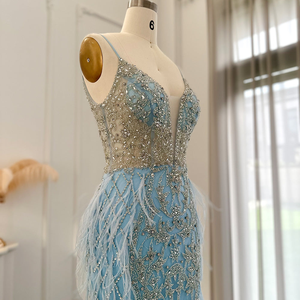 Dreamy Vow Luxury Feathers Mermaid Champagne Evening Dresses for Women Wedding 2023 Spaghetti Straps Prom Formal Gowns 374