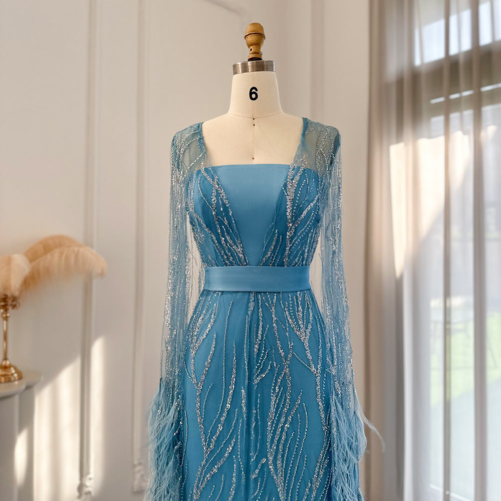 DreamyVow Luxury Dubai Feathers Light Yellow Evening Dresses with Cape Sleeves Arabic Purple Women Wedding Party Gowns 420