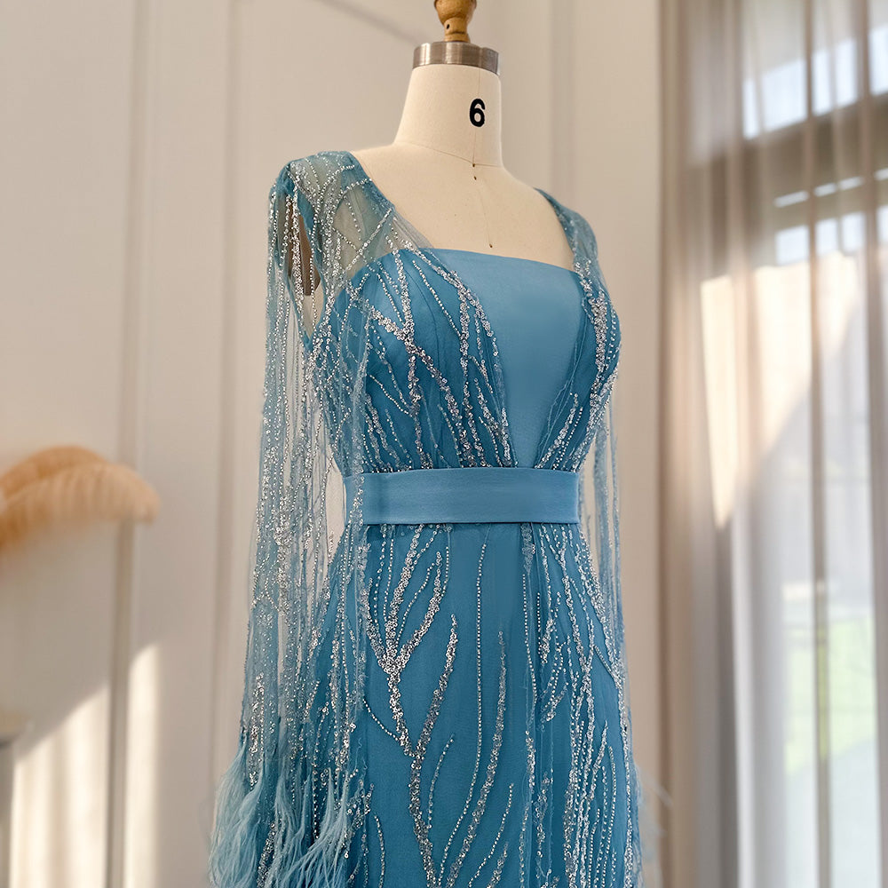 DreamyVow Luxury Dubai Feathers Light Yellow Evening Dresses with Cape Sleeves Arabic Purple Women Wedding Party Gowns 420