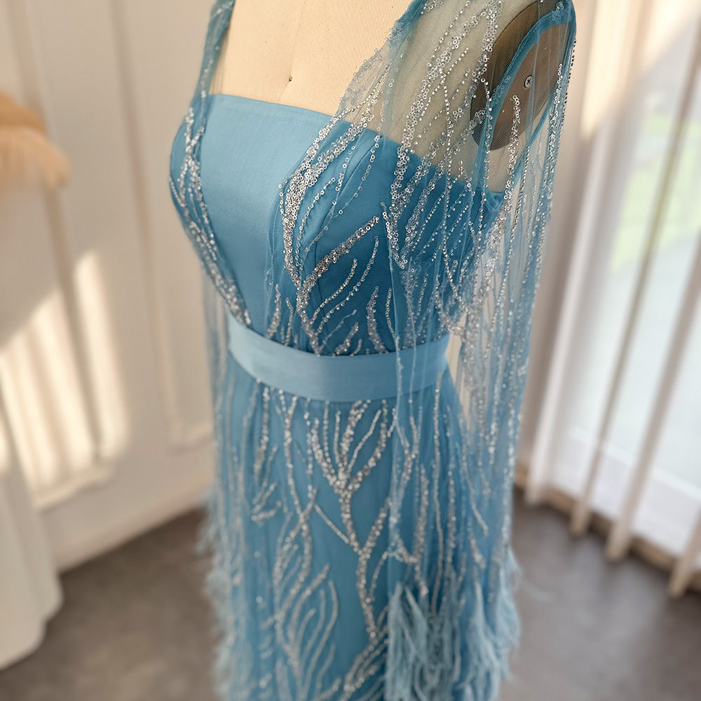 DreamyVow Luxury Dubai Feathers Light Yellow Evening Dresses with Cape Sleeves Arabic Purple Women Wedding Party Gowns 420