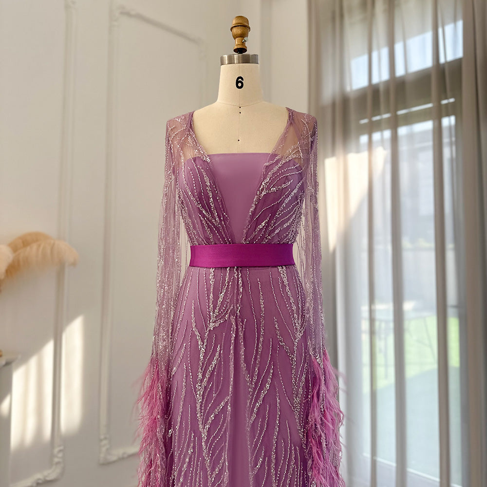 DreamyVow Luxury Dubai Feathers Light Yellow Evening Dresses with Cape Sleeves Arabic Purple Women Wedding Party Gowns 420