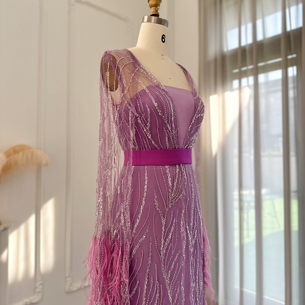 DreamyVow Luxury Dubai Feathers Light Yellow Evening Dresses with Cape Sleeves Arabic Purple Women Wedding Party Gowns 420