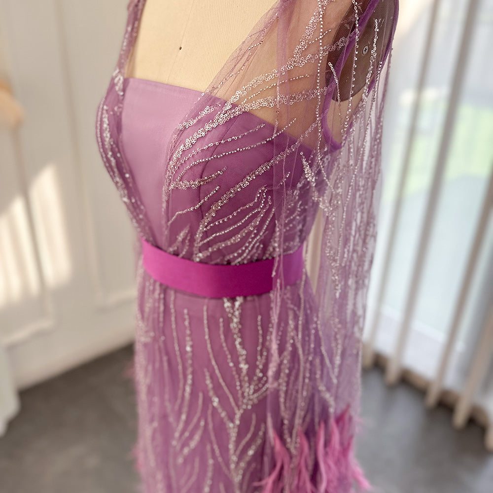 DreamyVow Luxury Dubai Feathers Light Yellow Evening Dresses with Cape Sleeves Arabic Purple Women Wedding Party Gowns 420