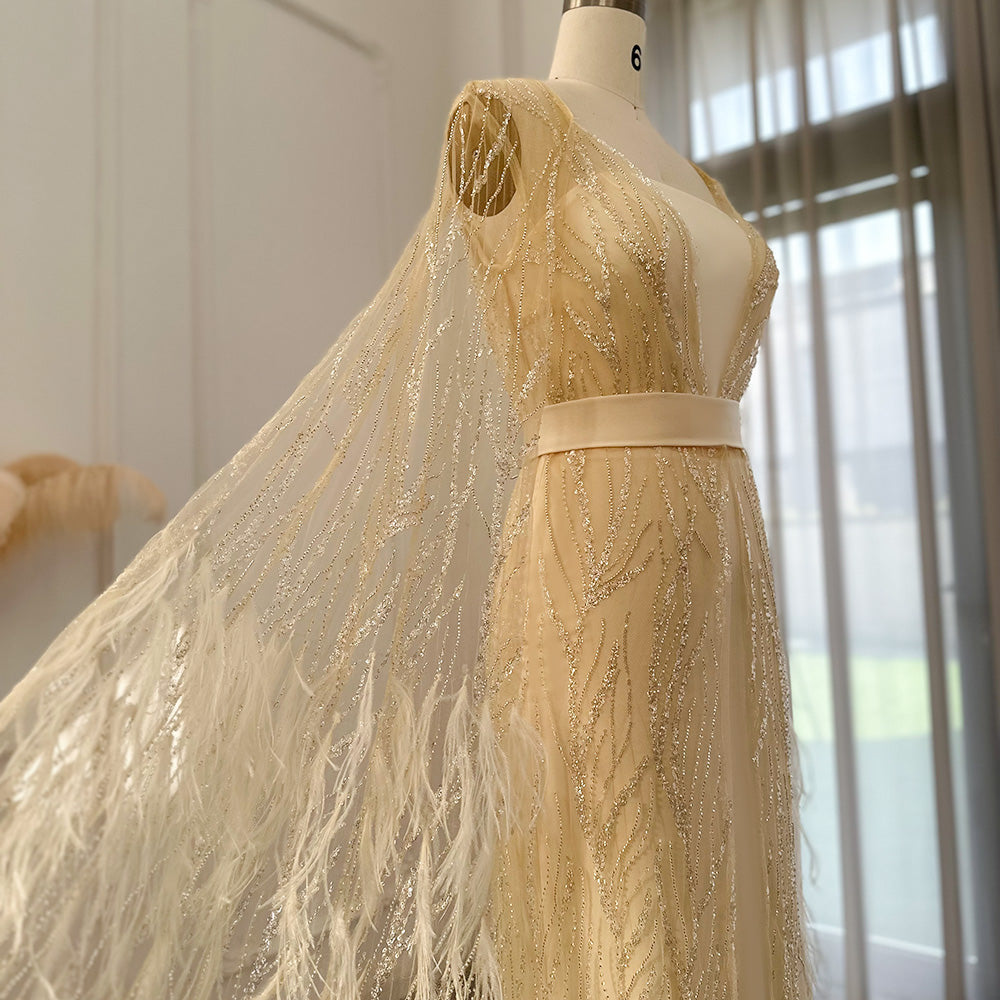 DreamyVow Luxury Dubai Feathers Light Yellow Evening Dresses with Cape Sleeves Arabic Purple Women Wedding Party Gowns 420