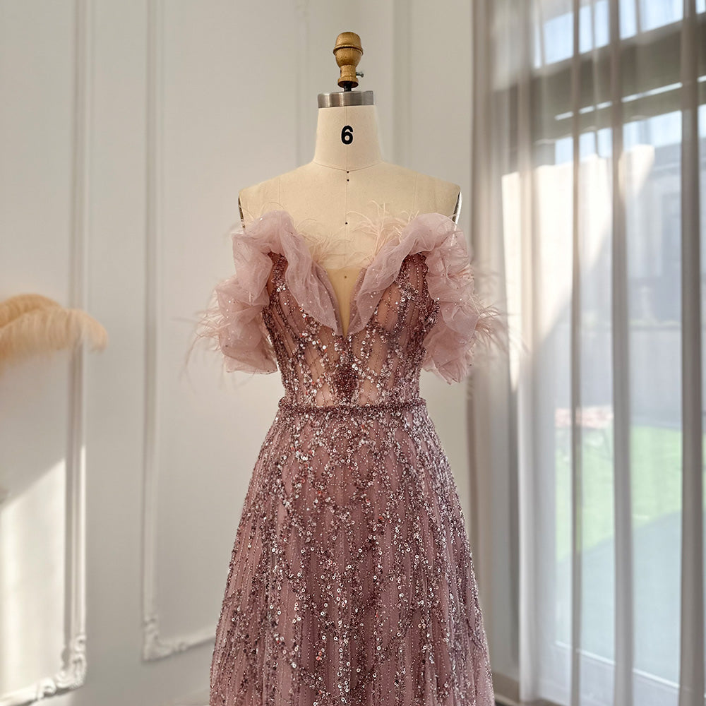 Dreamy Vow Luxury Feathers Green Dubai Evening Dresses 2023 Elegant Off Shoulder Long Formal Dress for Women Wedding Party 303