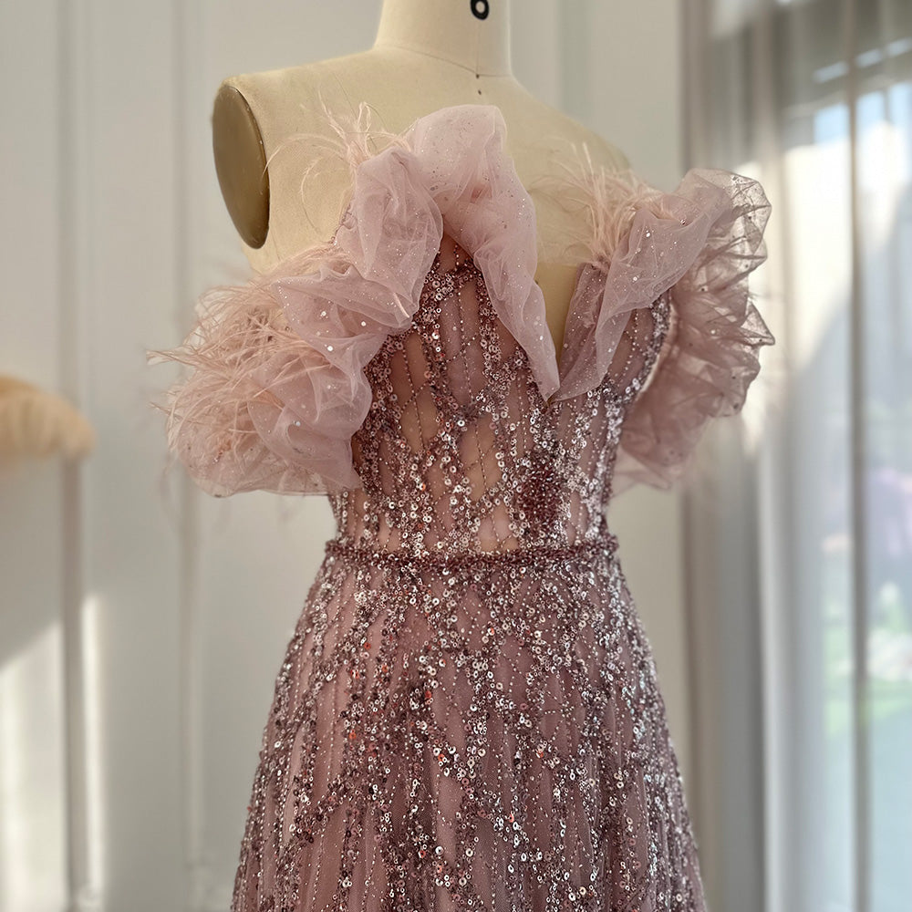 Dreamy Vow Luxury Feathers Green Dubai Evening Dresses 2023 Elegant Off Shoulder Long Formal Dress for Women Wedding Party 303