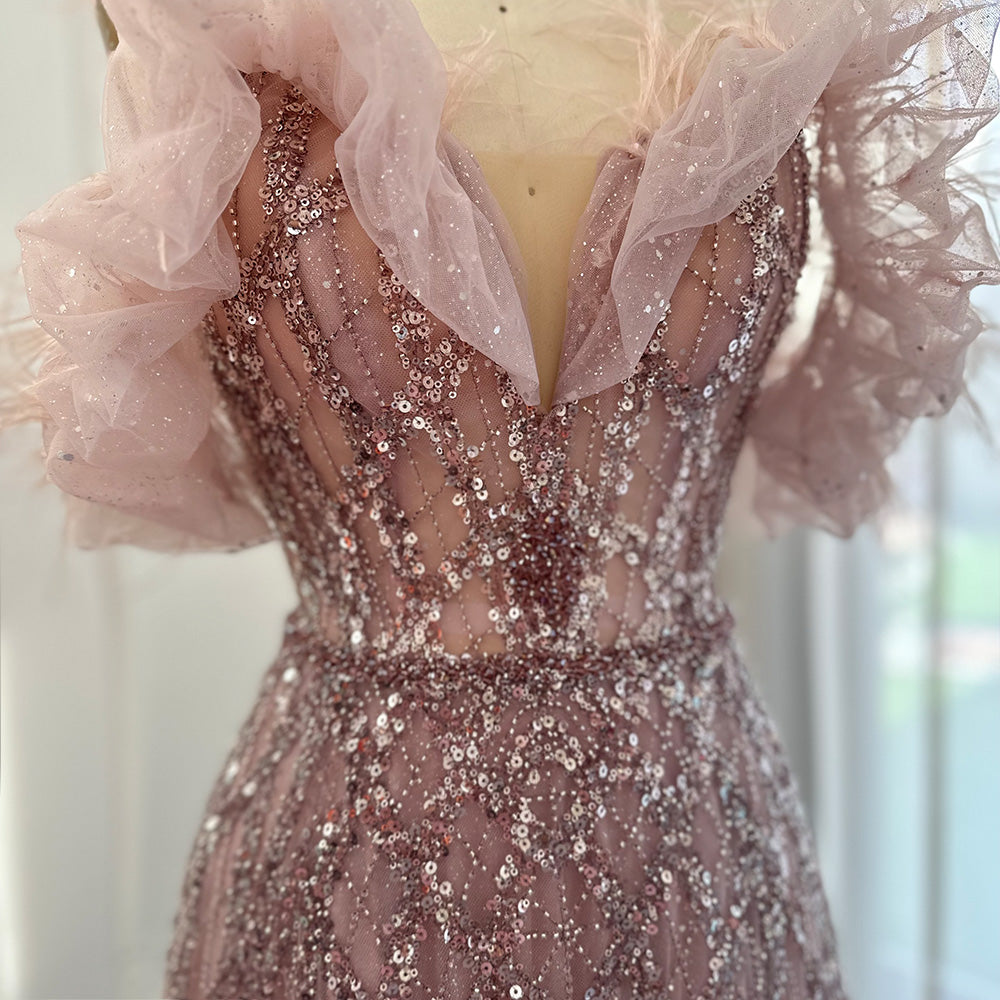 Dreamy Vow Luxury Feathers Green Dubai Evening Dresses 2023 Elegant Off Shoulder Long Formal Dress for Women Wedding Party 303