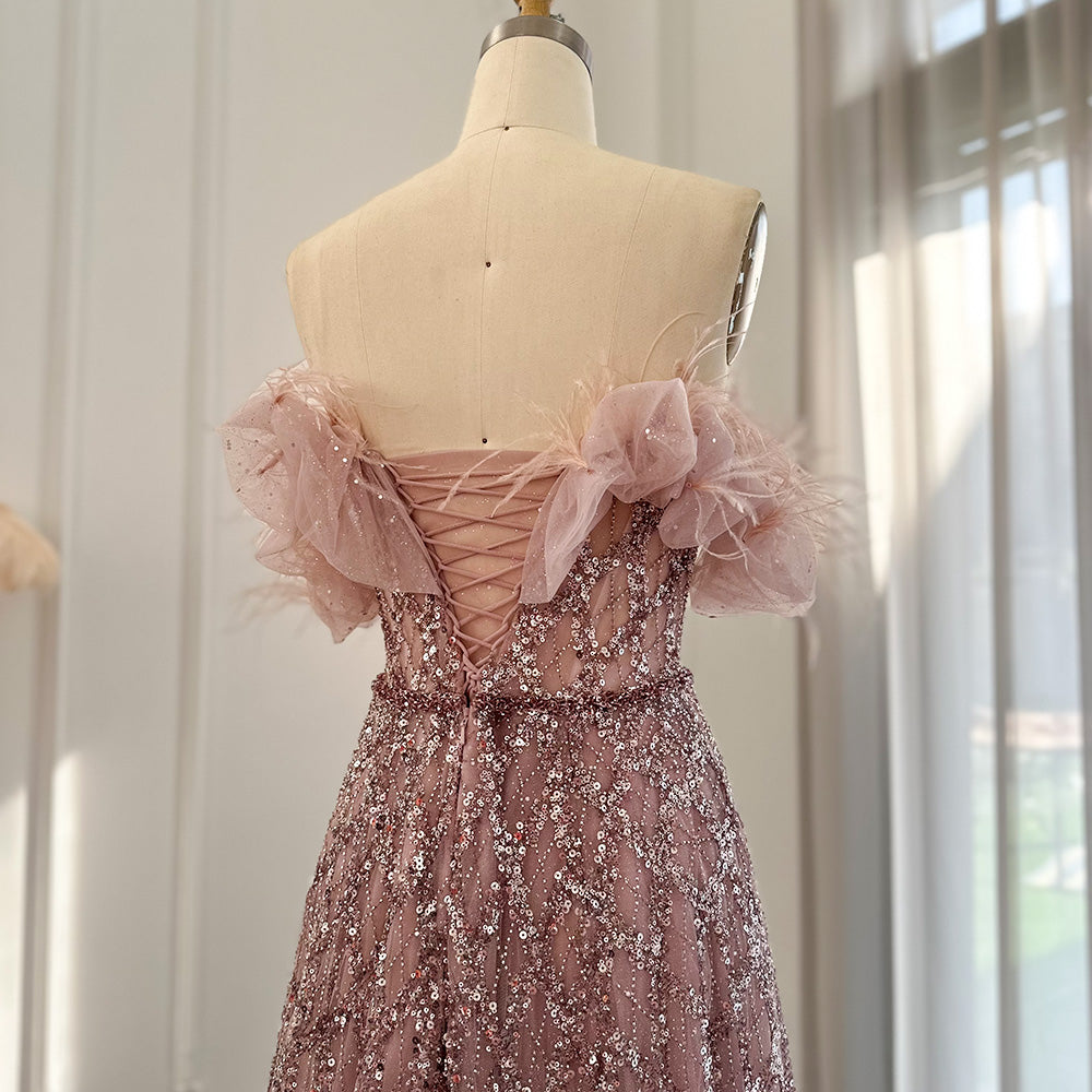 Dreamy Vow Luxury Feathers Green Dubai Evening Dresses 2023 Elegant Off Shoulder Long Formal Dress for Women Wedding Party 303