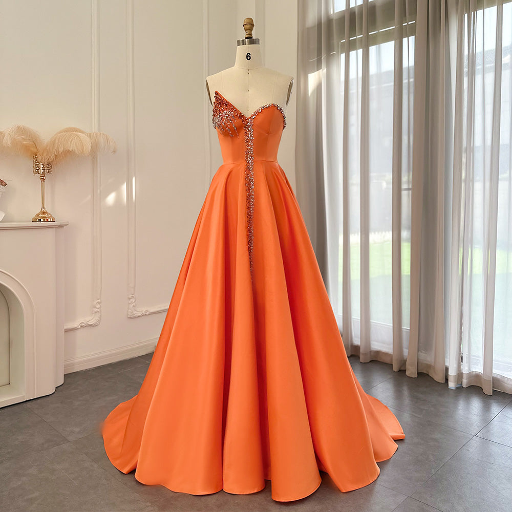 Elegant Crystal Black Strapless Evening Dresses Side Slit SS364  Orange / US 16