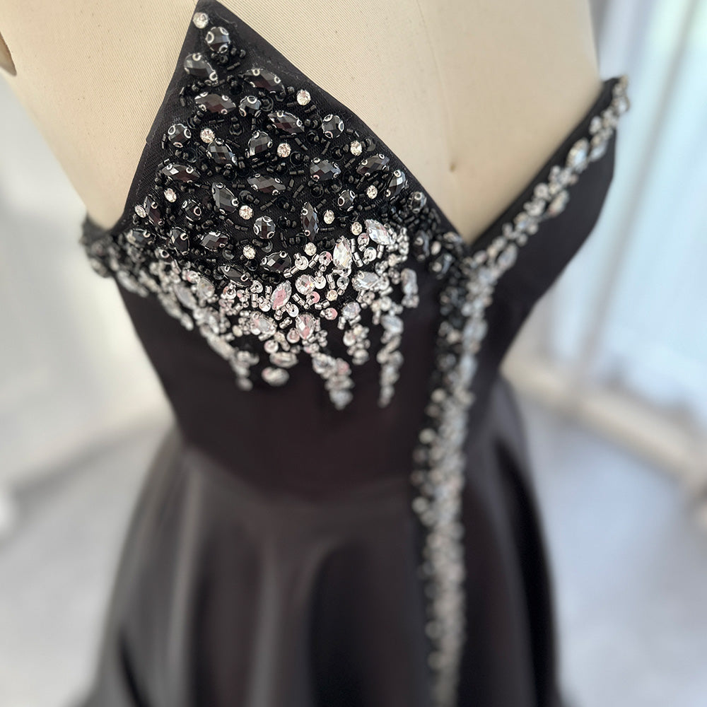 Elegant Crystal Black Strapless Evening Dresses Side Slit SS364