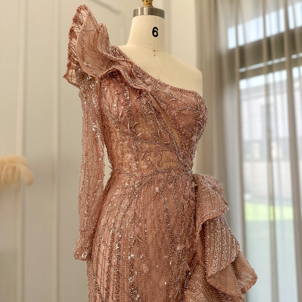 Dreamy Vow Fuchsia One Shoulder Luxury Dubai Evening Dresses 2023 Arabic Side Slit Mermaid Prom Formal Dress for Wedding 360