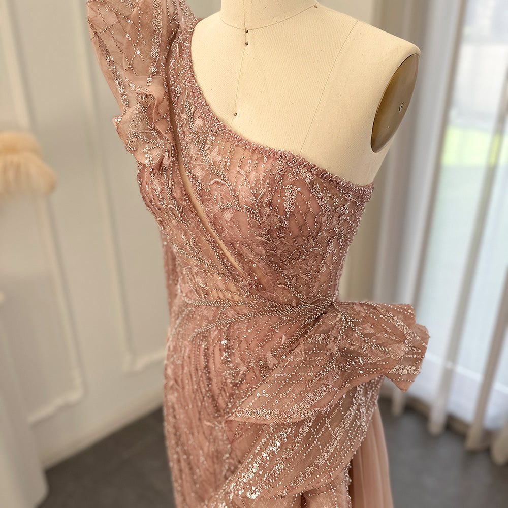 Dreamy Vow Fuchsia One Shoulder Luxury Dubai Evening Dresses 2023 Arabic Side Slit Mermaid Prom Formal Dress for Wedding 360