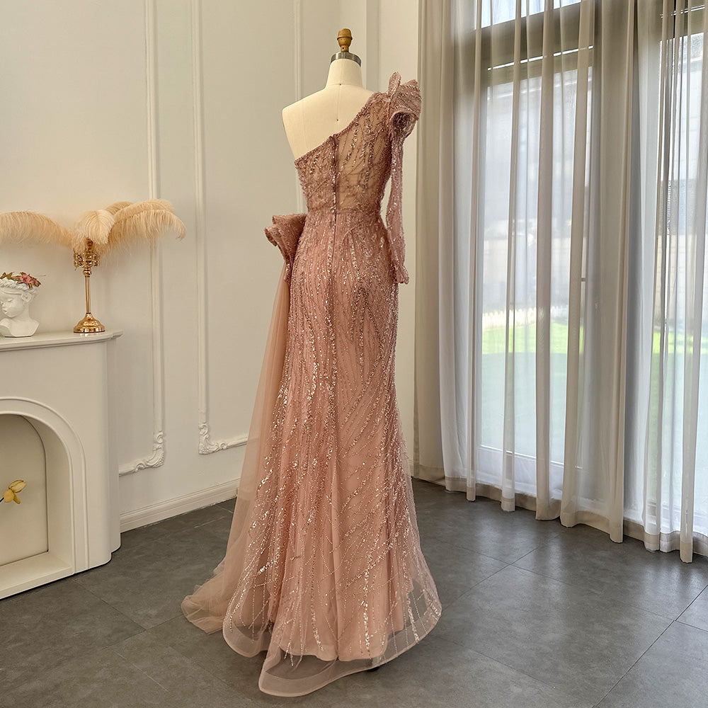 Dreamy Vow Fuchsia One Shoulder Luxury Dubai Evening Dresses 2023 Arabic Side Slit Mermaid Prom Formal Dress for Wedding 360